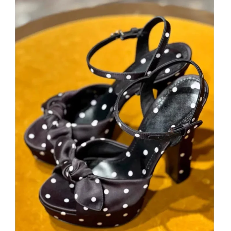 Black White Polka Dot Bow Satin Platform High Heels Sandals Woman Summer 2026 Ankle Strap Block Heel Pumps Party Wedding Shoes