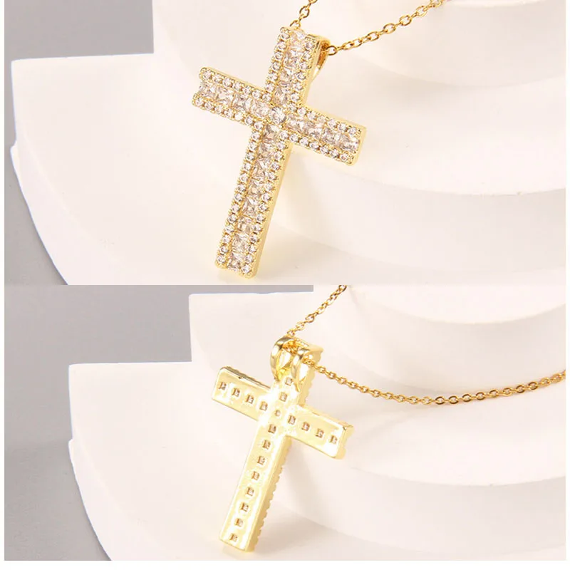 Fashion Colorful Zircon Cross Pendant Necklace Stainless Steel Classic Geometric Choker Jewelry Birthday Gifts For Women Girls