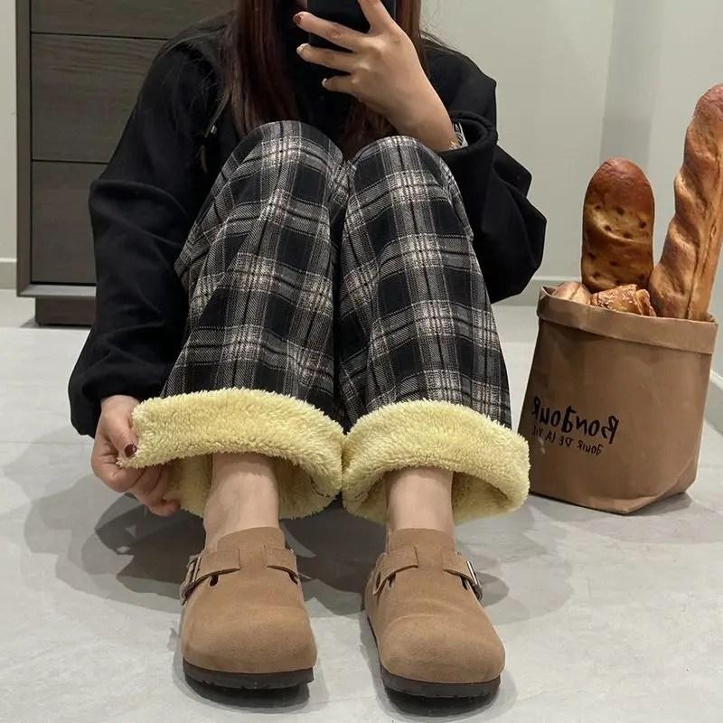 Classic Plaid Lambswool Pants Women Warm Fleece Padded Thick Straight Pants Harajuku Baggy Wide Leg Sweatpants Winter Trousers