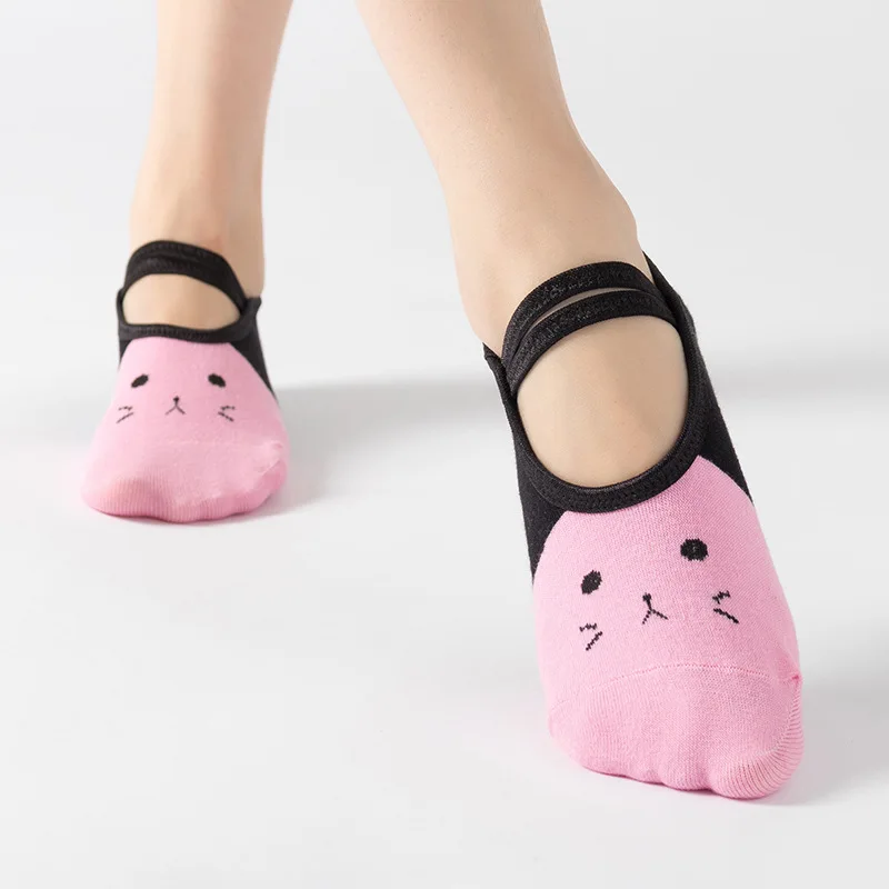 Yoga Socks With Grips For Women Sportneer Workout Ballet Pilates Socks With Straps Cute Cartoon Cat Print Sock Slippers