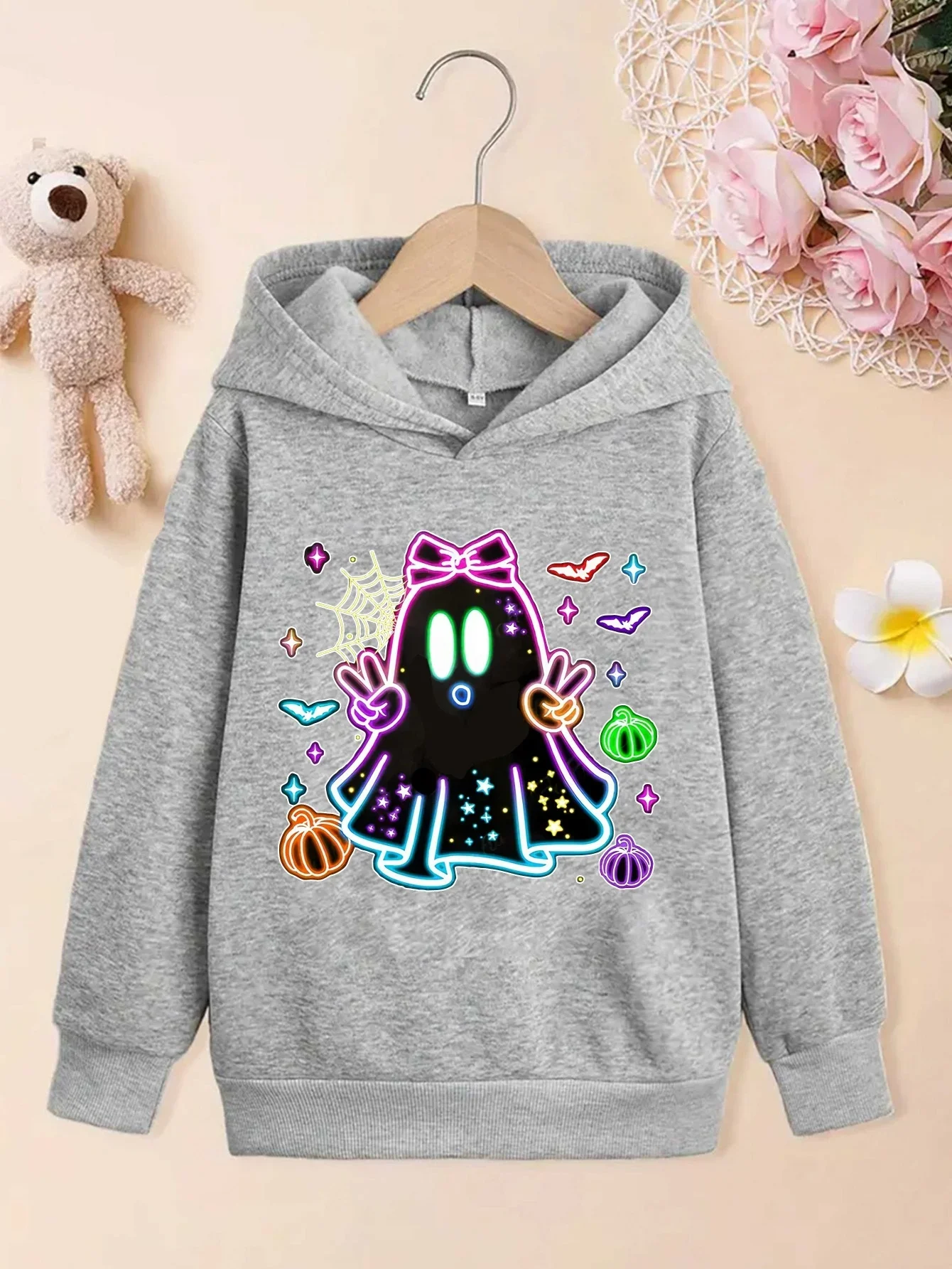 Kids Halloween Ghost Hoodie Pumpkin Spider Web Neon Bow Print Fleece Pullover Sweatshirt Autumn Winter Party Top