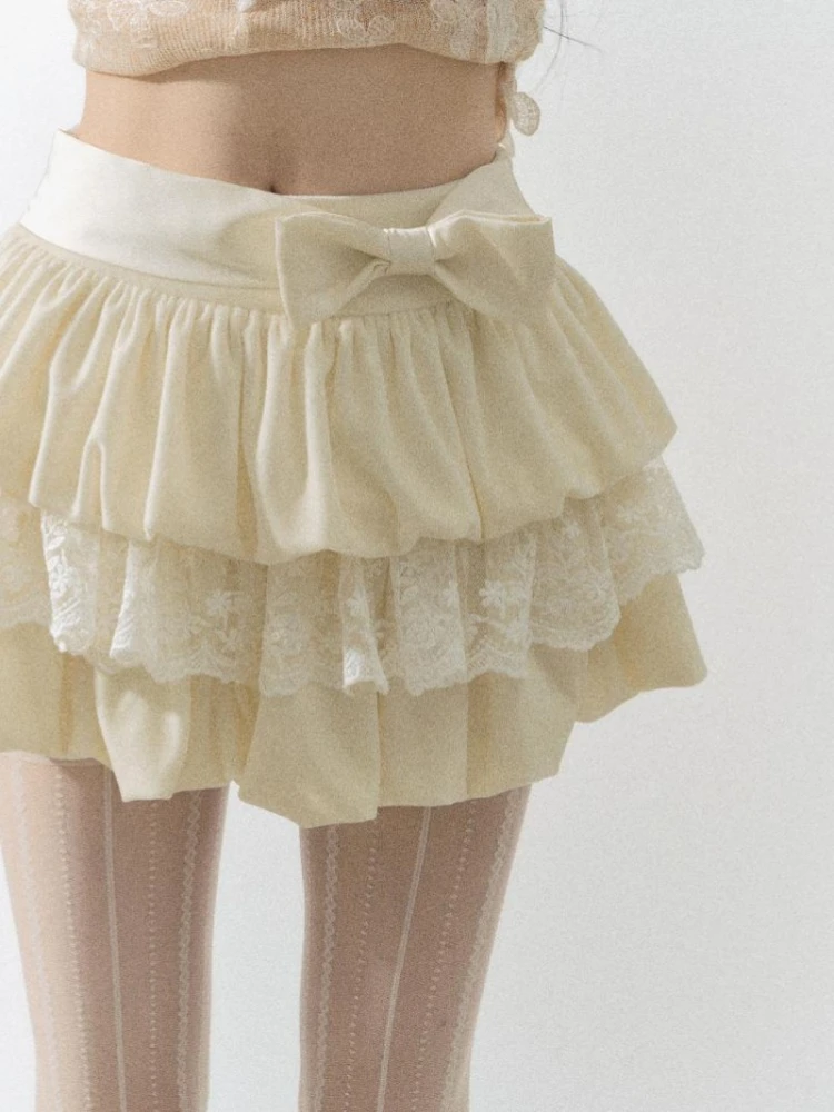 أنيقة الحلو القوس Hite تنورة دانتيل للنساء Y2k عالية الخصر Faldas Mujer موضة كل مباراة Ruched ألف خط كعكة التنانير