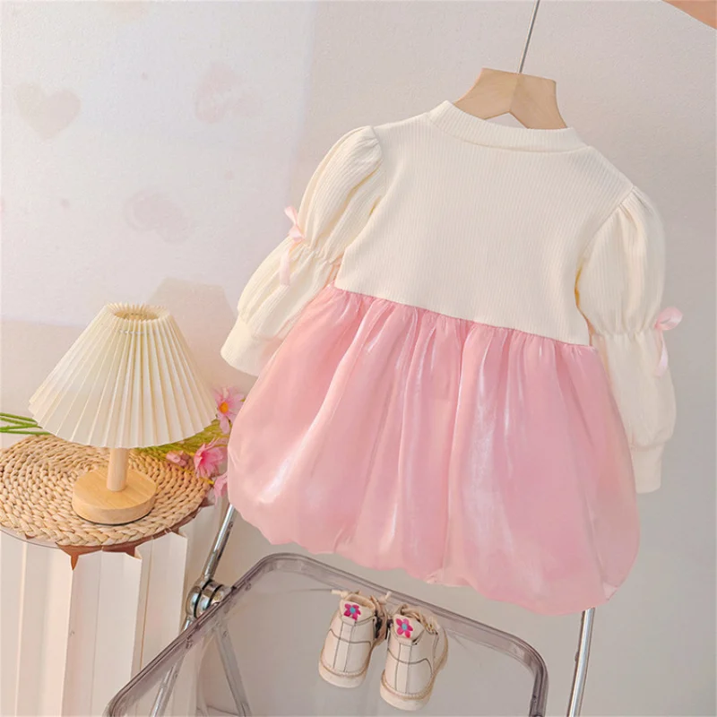Girls' Autumn Dress2025New Style Baby Girl First Birthday Dress Toddler Imitation Satin Fashion Flower Bud Princess Dress