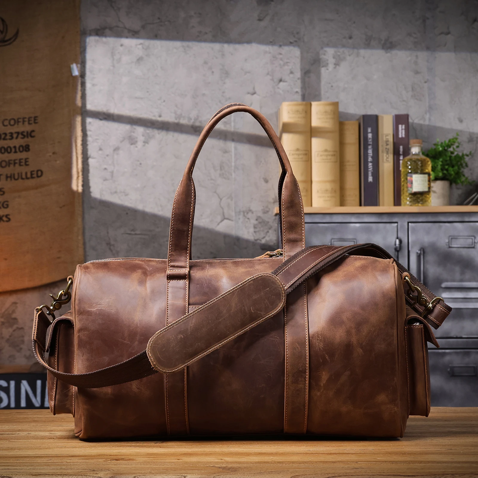 S.WORKER Große Kapazität Echtleder Vintage Rindsleder Reisetasche Weekender Herren Reisetasche Sporttasche Retro-Stil – Detail 11