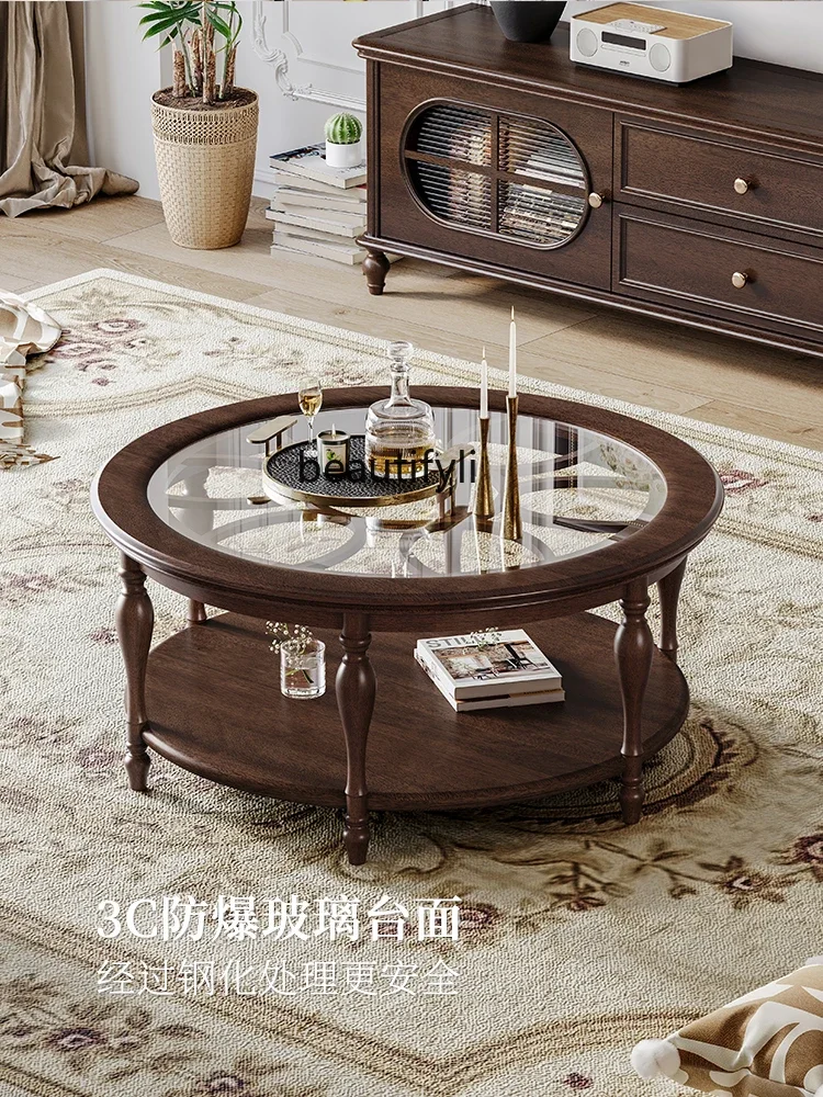 American Light Luxury round Tea Table Retro Country Solid Wood Living Room Tea Table Household Small Apartment Simple Hollow