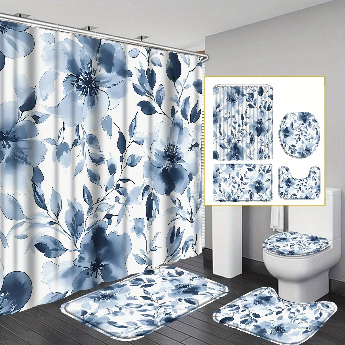 

Набор темно-синих занавесок для душа с цветочным принтом из 4 предметов с крючками, ковриком для ванной, U-образным ковриком для ванной и чехлом на сиденье унитаза