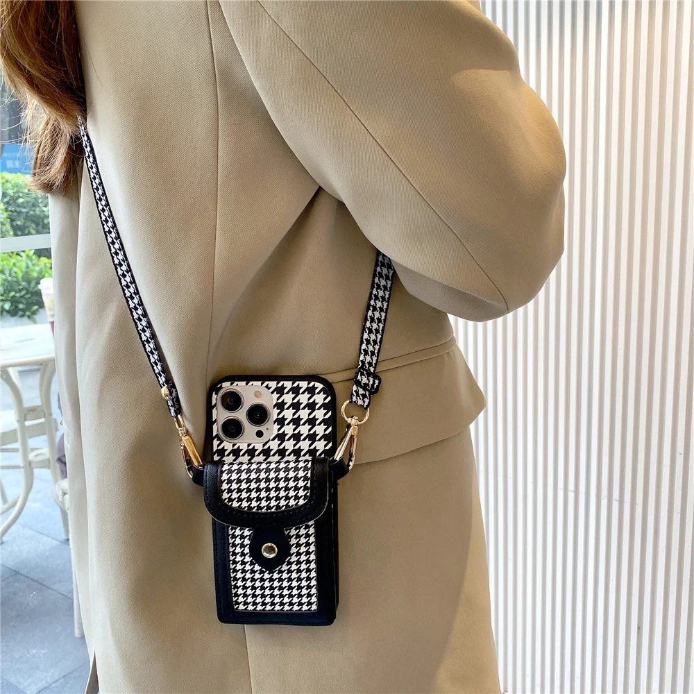 Luxury Korean Houndstooth crossbody strap lanyard Phone Case For iPhone 11 12 13 Pro Max XR XS 7 8 Plus card holder wallet Cover