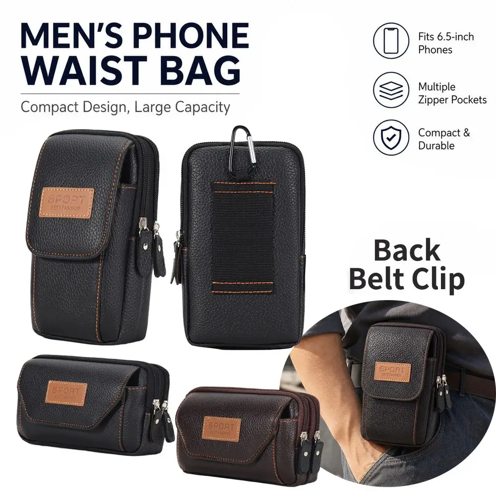 Durable PU Leather Man Belt Pouch 6.5inch Zipper Phone Case Multiple Layers Universal Phone Belt Clip Bag Men's