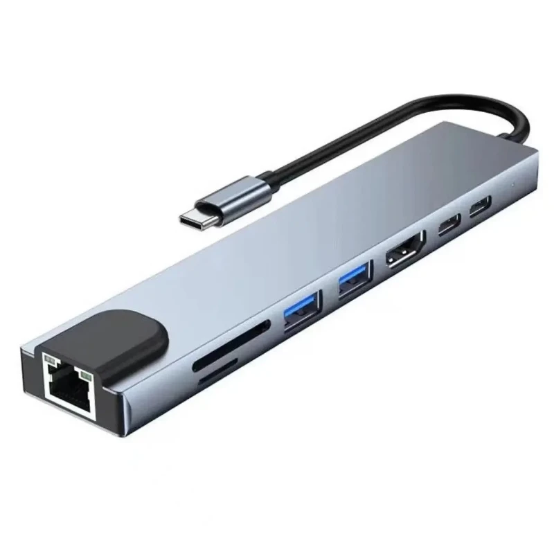 

Концентратор Fast Charge 8 в 1, USB 31–4K HDMI-адаптер с RJ45 SD TF Card Reader PD для портативного компьютера, совместимость