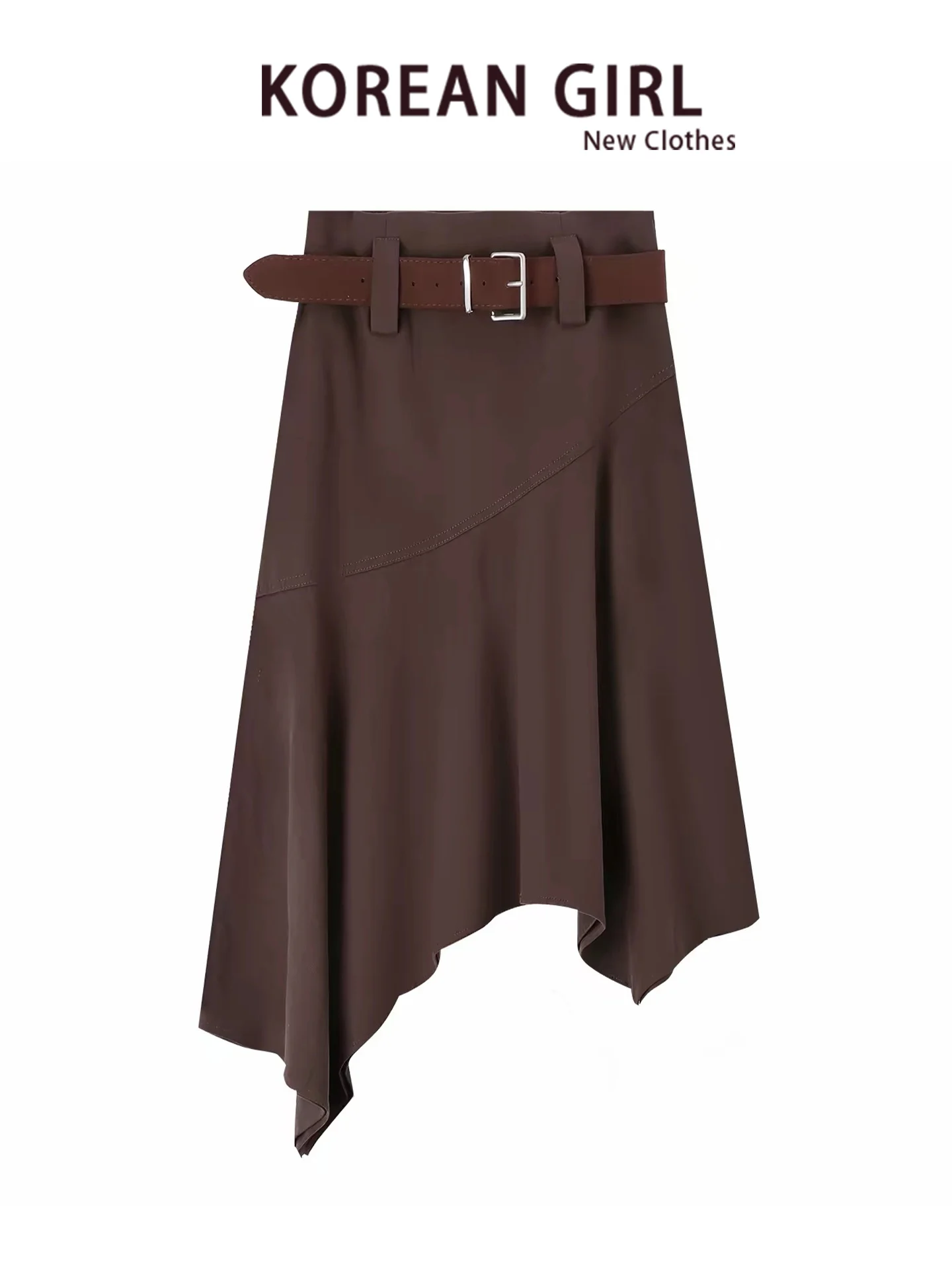 High Waist A-Line Midi Skirt Women's Autumn Winter Loose Chic Brown Tweed Asymmetrical Hemline Fashionable Commute Style