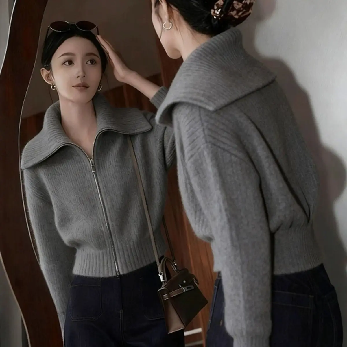 

Women's Knitted Long Sleeve Base Layer Sweater No Pilling Double Zipper Casual Spring Fashion Color Flip Collar Cardigan