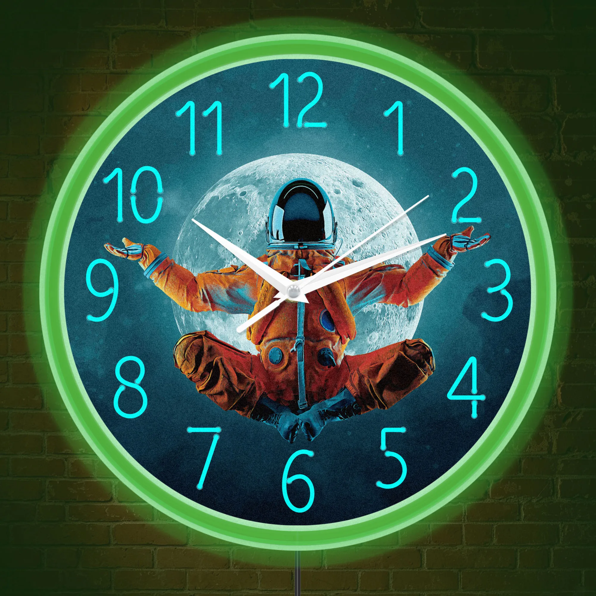 Yoga Astronaut Full Moon LED Neon Light Wall Clock for Man Cave Game Room Cosmos Home Decor Illuminated Wall Clock Glow in Dark