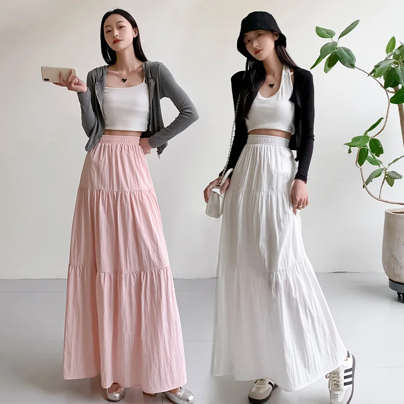 

New White Long Skirts for Women Summer Y2k Clothes Korean Fashion High Waist Harajuku Elegant Casual Dance Pink Skirt Woman 2025