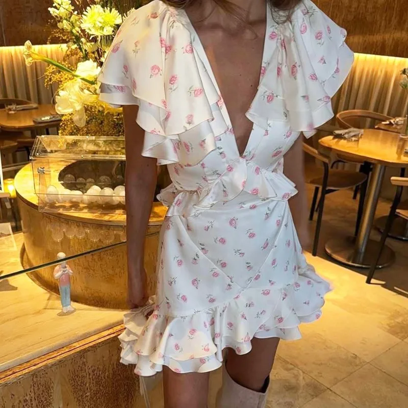 

Talenza Pink Ruffle Dress Women's Sexy V-neck Pleated Contrast Bodycon Dress Summer Party Elegant Luxurious Women's Casual Dress