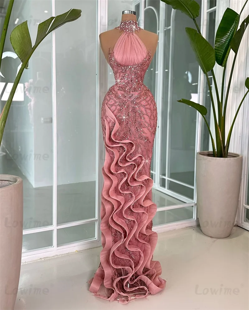 2024 Pink Ruffles Floral Beads Evening Dresses Customize Mermaid Long Prom Dress Crystals Arabic Wedding Party Dress Gowns Robe