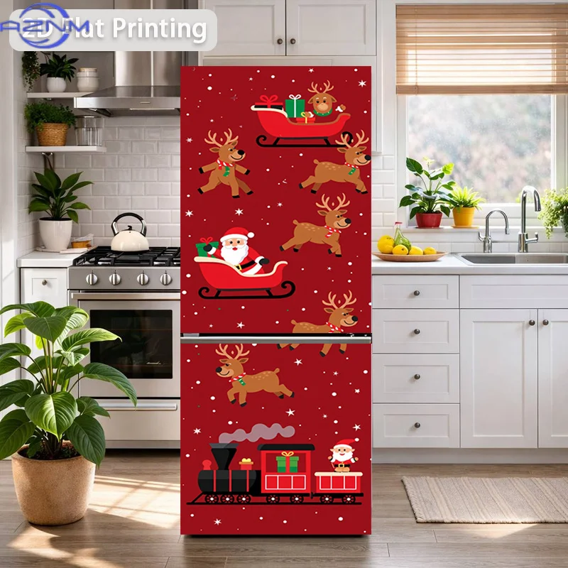 2D Flat Printing 1pc Refrigerator Sticker 60×180cm Christmas Sleigh Reindeer Themed Design, Self-Adhesive Wall Decal Wallpaper