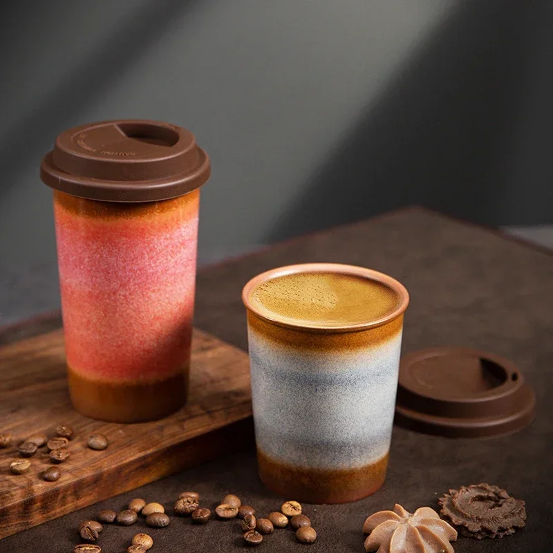 Kiln Ceramic Coffee Cup Gradient Water Cup with Silicone Cover Portable Coffee Cup Creative Office Home Retro Ceramic Cups