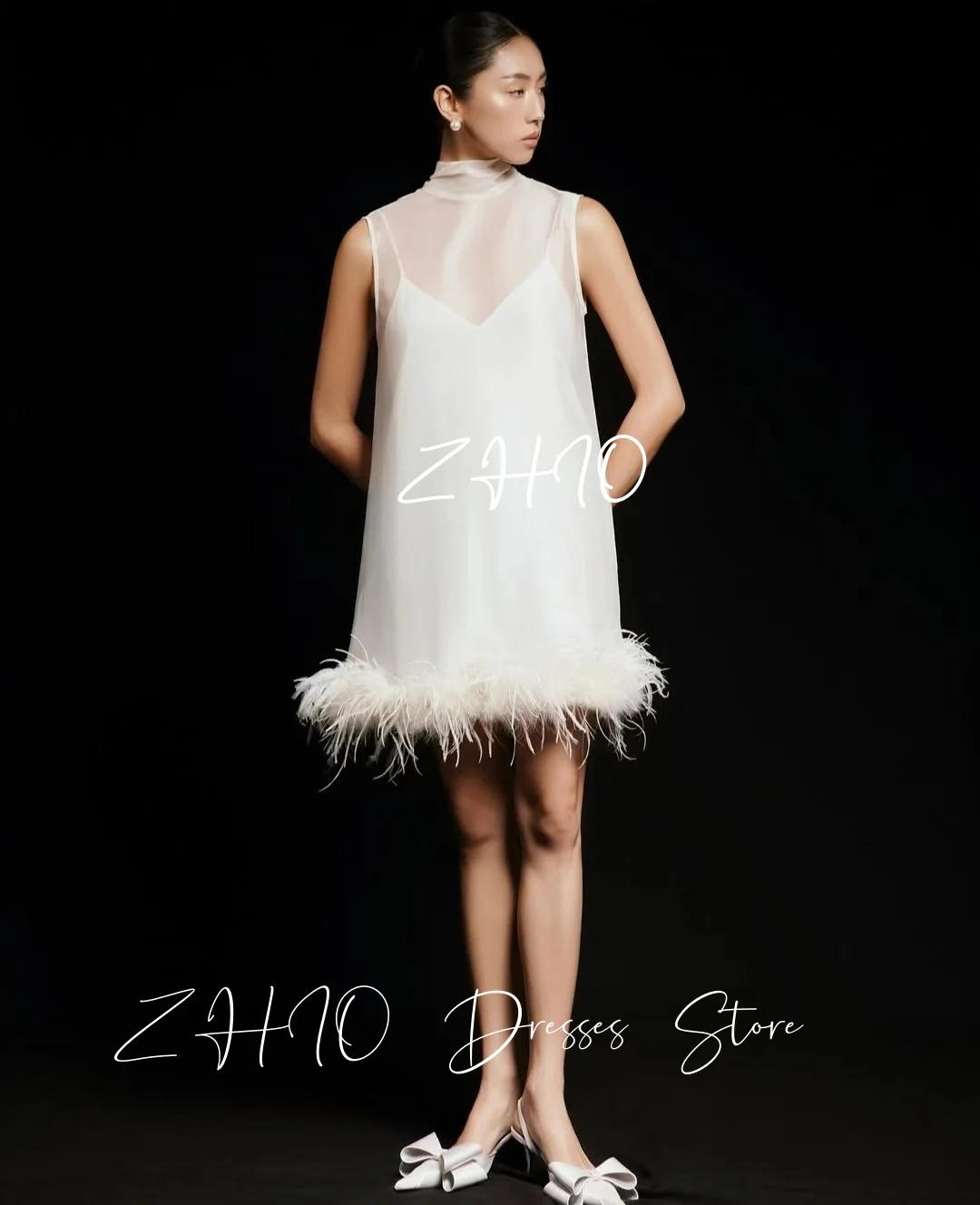 ZHIO Elegant Feathers Short Wedding Party Dress High Neck Sleeveless Bow Ribbons Organza Special Occasion Gown Customized 예복
