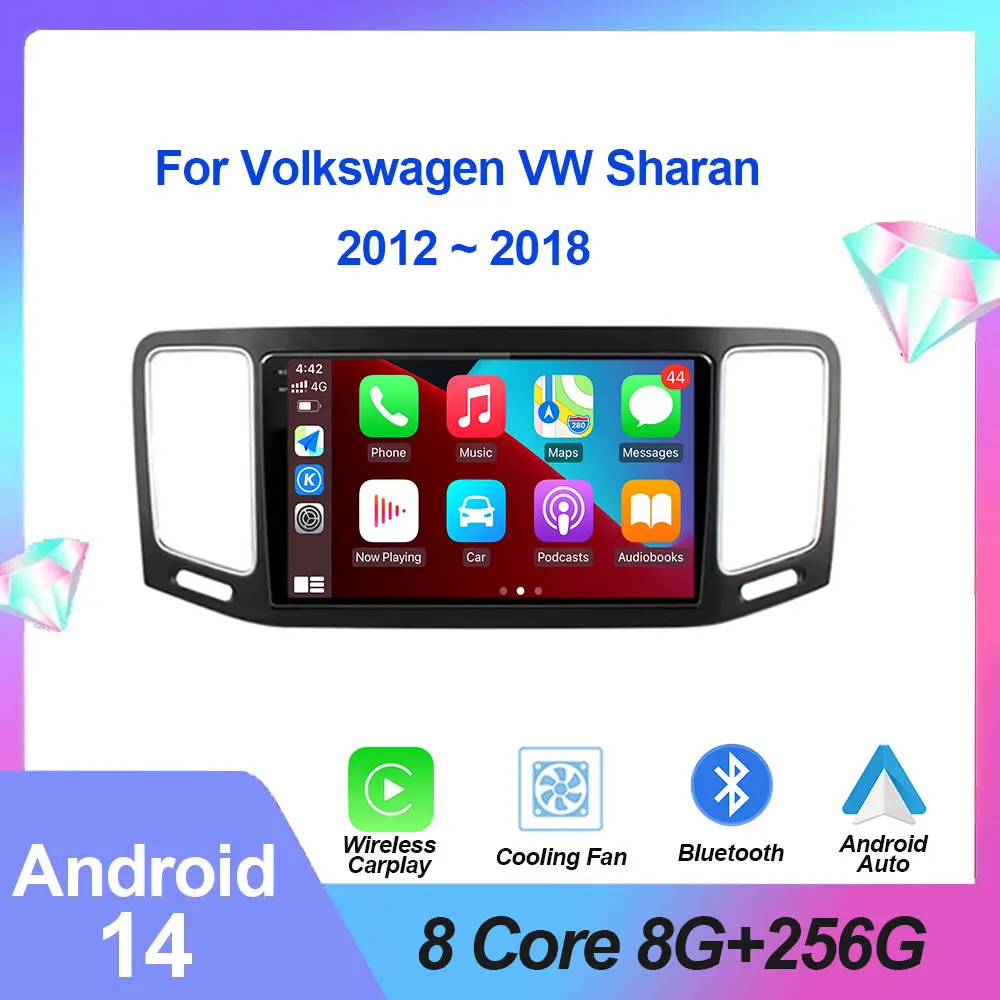 9\'\' Android 14 For Volkswagen VW Sharan 2012 ~ 2018 Car Radio Multimedia Player Stereo Octa Core 4G Carplay DSP IPS Screen