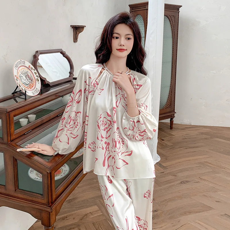 High Quality Ink Painting Ice Silk Print Pajamas For Women Cool Satin Noble Wind Long Sleeve Pants Design Sense Pyjamas Sets Pj