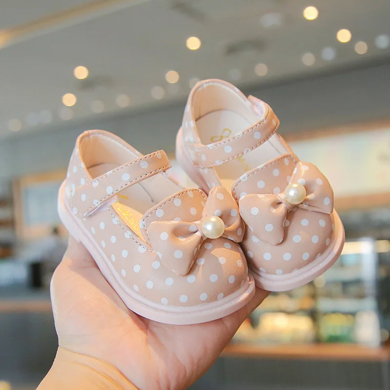 Congme Baby Girls Leather Shoes Newborn Toddler Kids Bow Flat Shoes Cute Pearl Polka Dot Princess Doll Shoes Dress Shoes