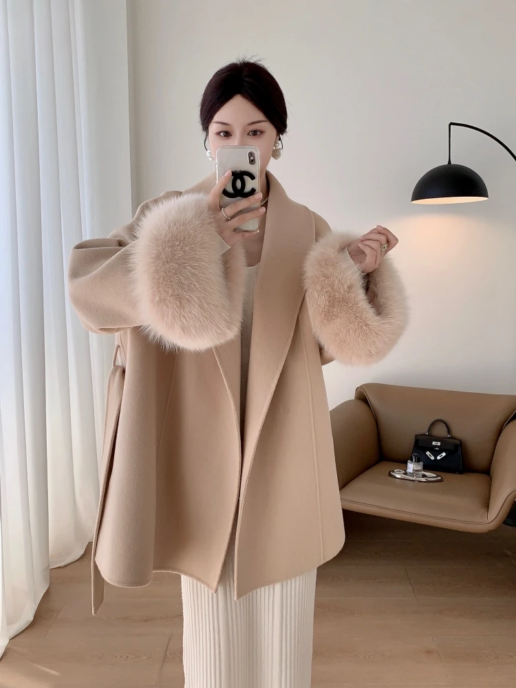 2023 Autumn and Winter  New Double-Faced Woolen Goods Cashmere Coat Women\'s Whole Leather Fox Fur Fur High Sense Cape Coat