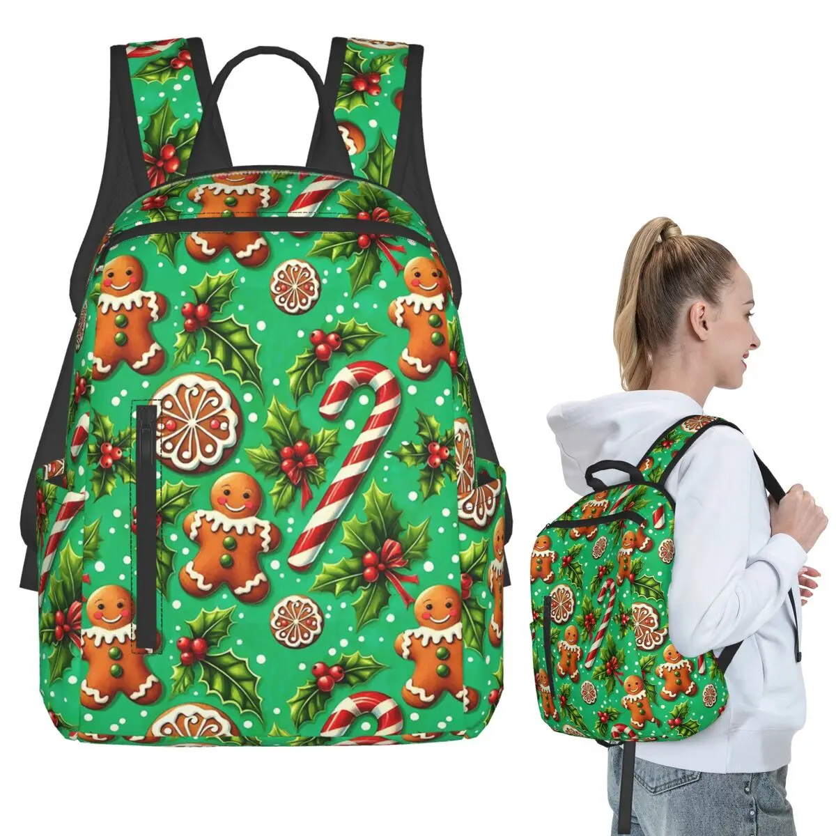Christmas Gingerbread Candy Canes Backpack Student BookBag Children School Bag Laptop Shoulder Bags Boys Girls