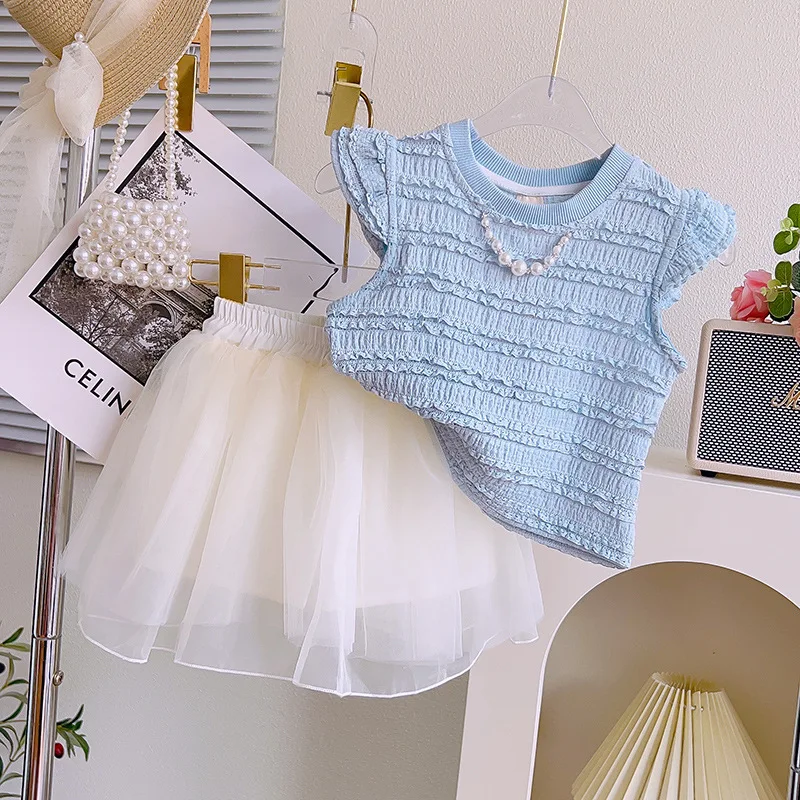 

Children's Clothing Girl Suit Summer New Style Flying Sleeve T-shirt Top Mesh Half Skirt Princess Kids Two-piece Set