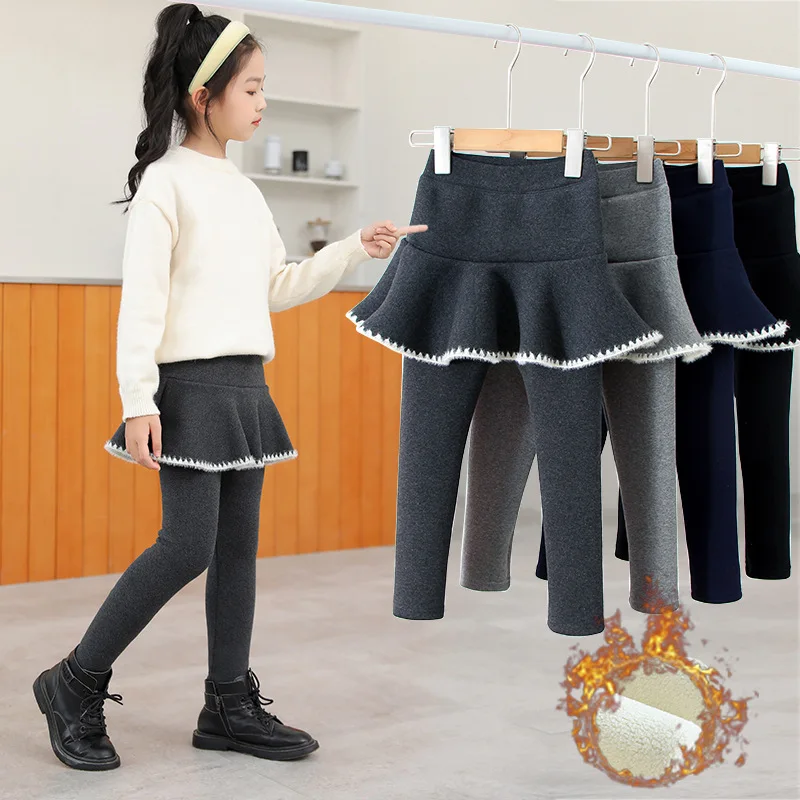 3-10 anni pantaloni invernali per ragazze Bootcuts Leggings in pile per bambini spessi caldi falsi due pezzi Culotte pantaloni con gonna per bambini