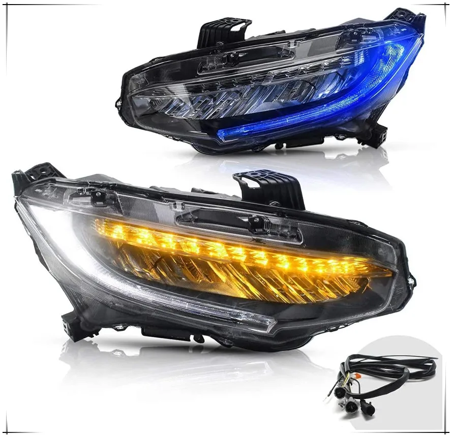 Full LED Headlight for Honda Civic Sedan/Coupe/Hatchback 2016-2020 Front Lamps,with Sequential Turn Signal, Blue Starting Light