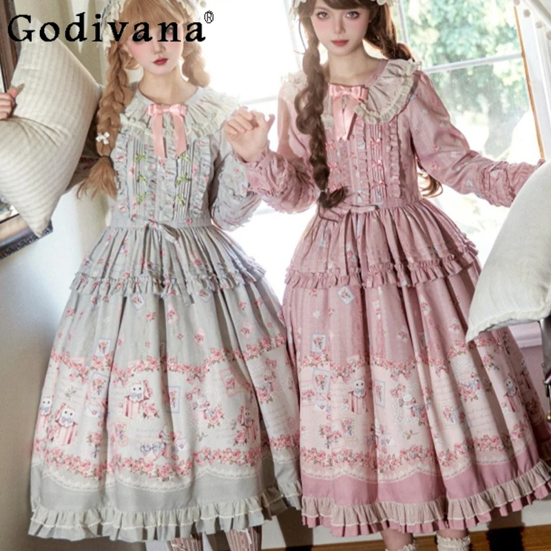 

Cute Lolita Long Sleeve Floral Dress for Ladies Elegant OP Lolita Slimming Dress Women's Japanese Style Sweet Long Dress