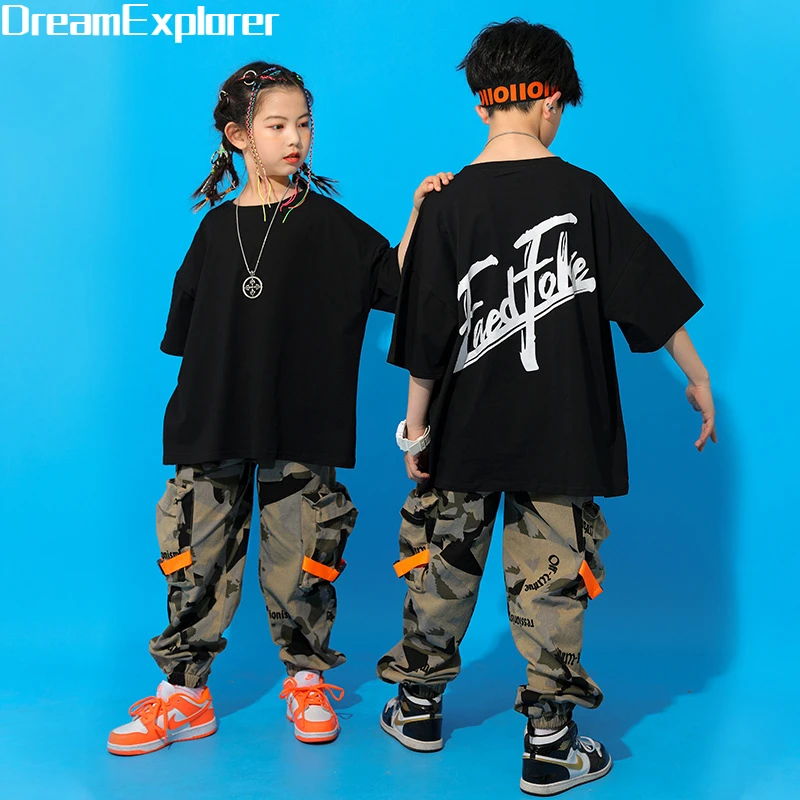 Boys Hip Hop Top Girls Camouflage Cargo Pant Outfits Child Military Jogger Street Dance Kids Streetwear Costumes Teen Sport Wear