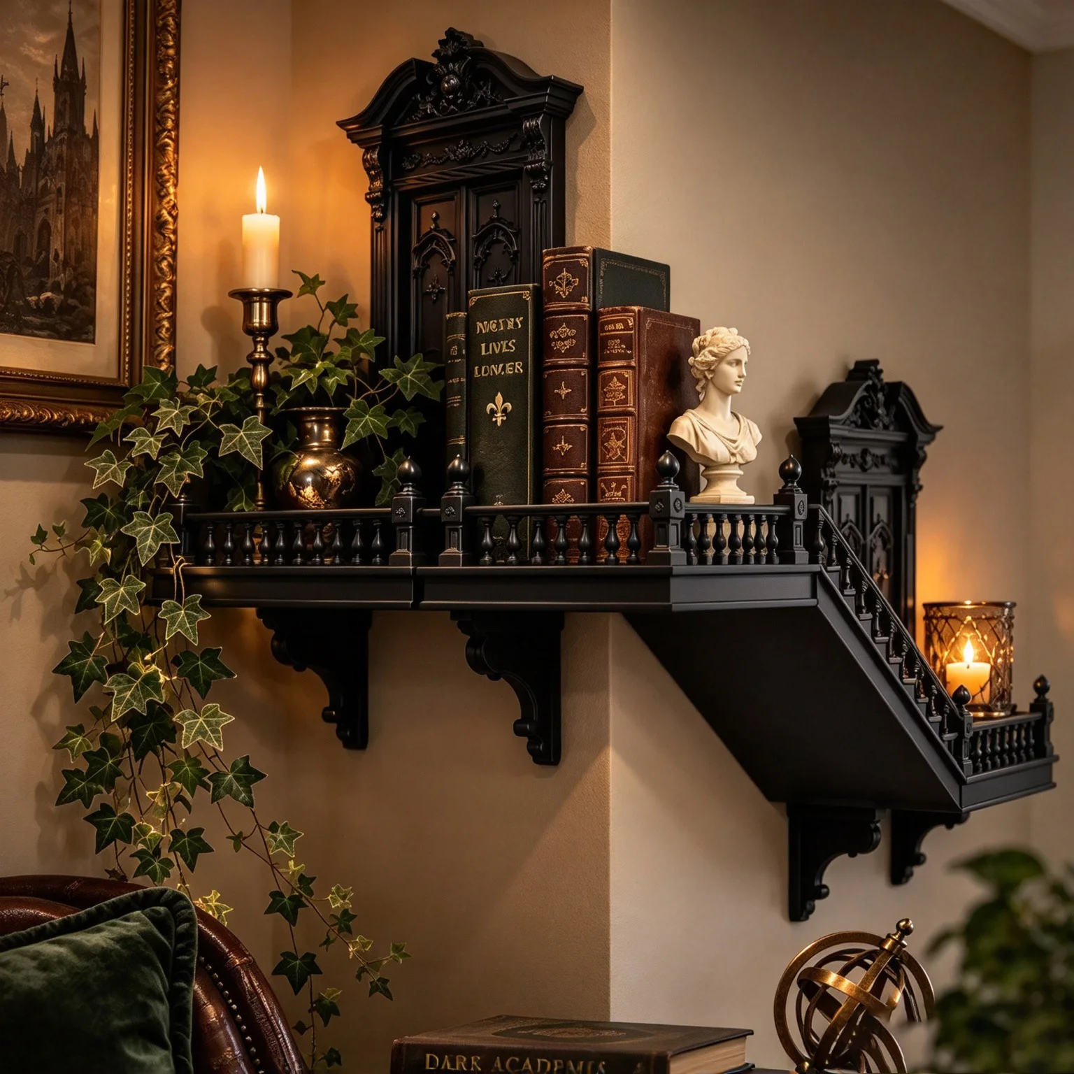 Gothic Staircase Corner Wall Shelf, Black PLA Plastic Victorian Floating Display Rack for Dark Academia Living Room Decor