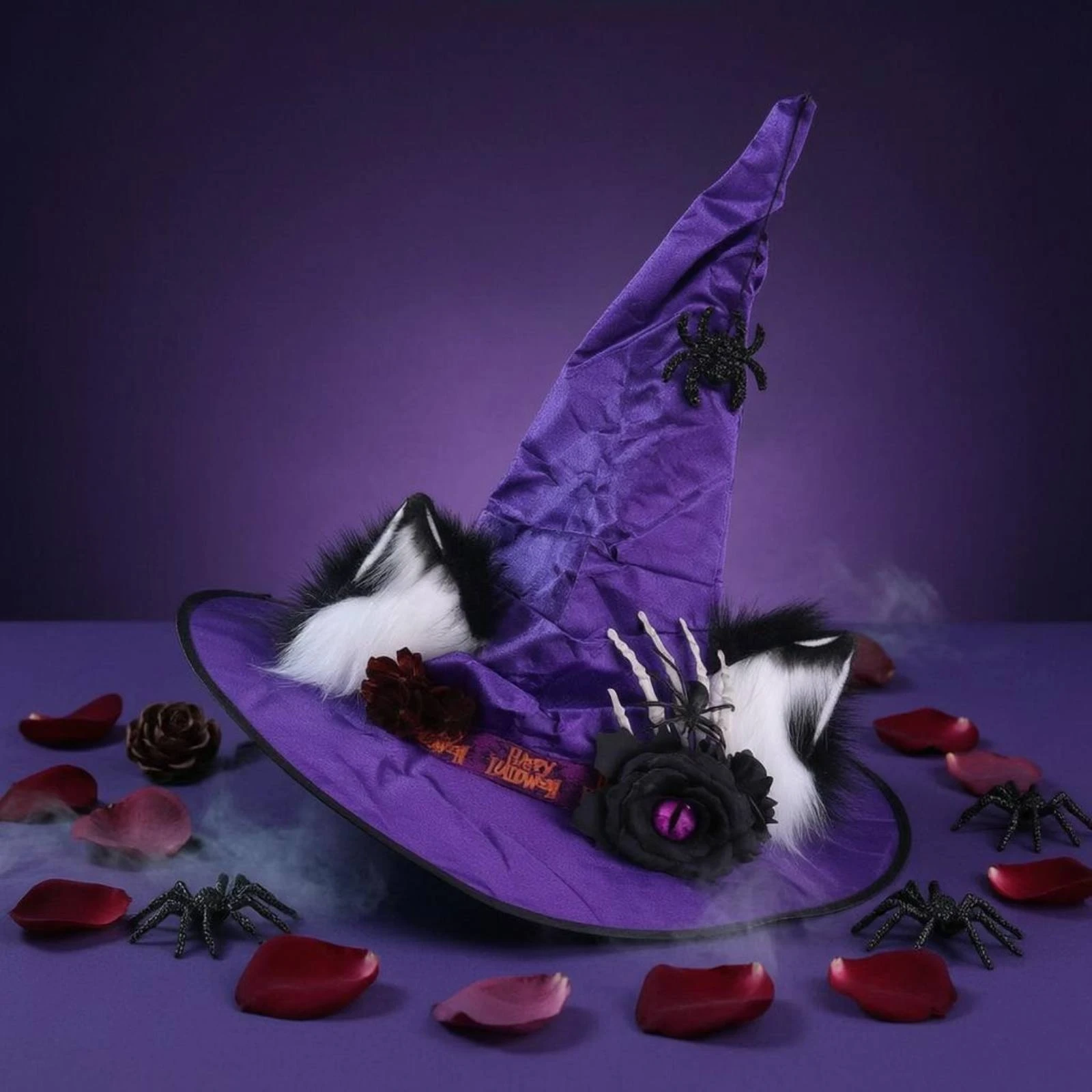 Feline Ear Witch Hat Flower Accent Arachnid Ornament Witch Hat Costume Accessory Cosplay Sturdy for Dress-up, Performance