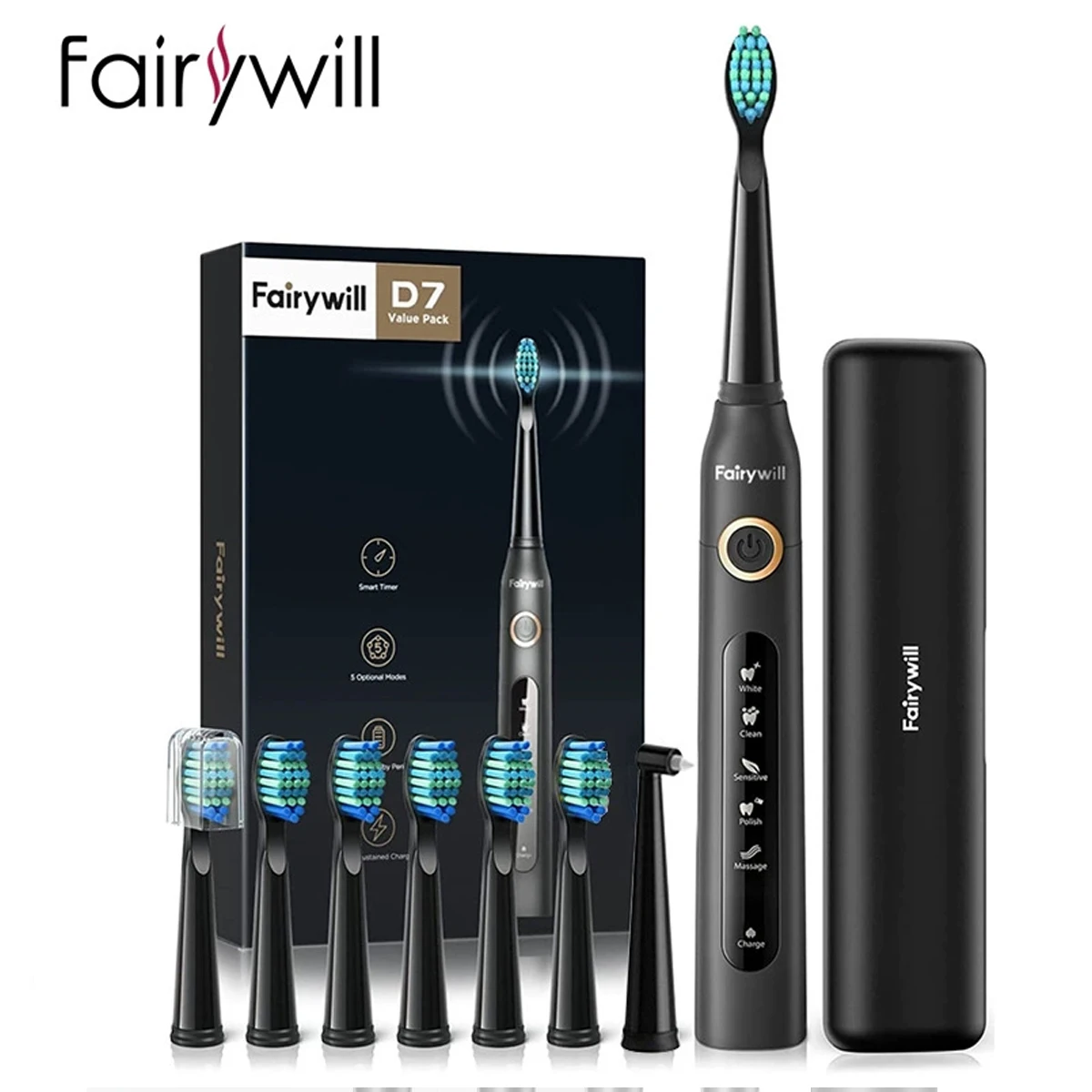 

Электрическая звуковая зубная щетка Fairywill D7, USB-зарядное устройство, 8 сменных щеток, водонепроницаемая электронная зубная щетка с дорожным футляром