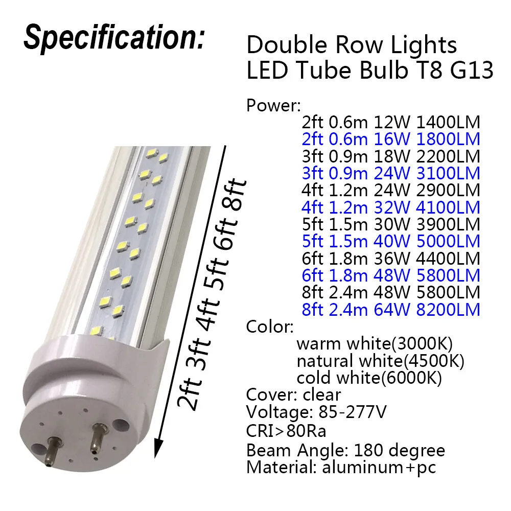 Super Bright LED Tube Bulb 2ft 3ft 4ft 5ft 6ft 8ft Dual-Row Lights T8 G13 Bi-pin Fluorescent Retrofit Lamp Daylight Bar Lighting