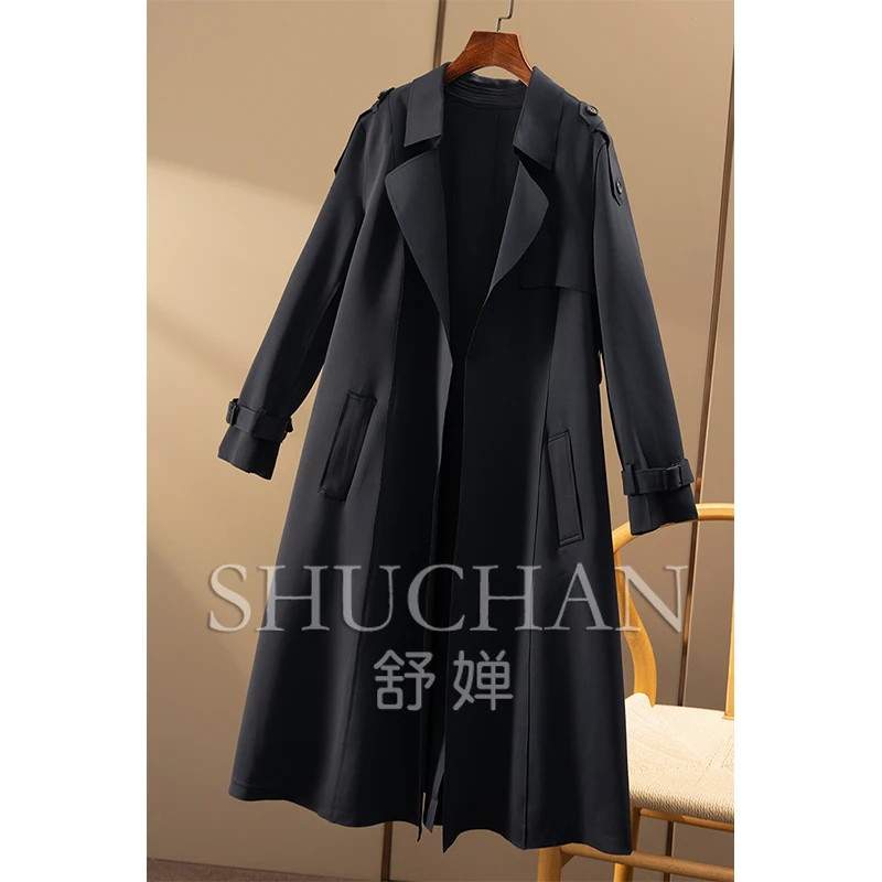 British Navy Blue Long Trench Coat Jacket Women Abrigos Mujer Invierno 2025 Spring Casacos De Inverno Feminino