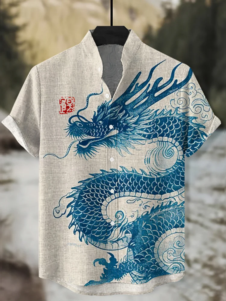 Men's Vintage Dragon Art Print Short Sleeve Shirt Holiday Chinese Style Stand Collar Buttons Blouses Oversized 2025 Man Clothes