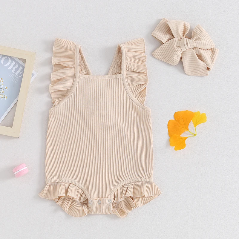 Newborn Fashion Toddler Baby Girl Clothes Solid Color Ruffle Romper Jumpsuit Infant Summer Sleeveless Cotton Romper Outfit