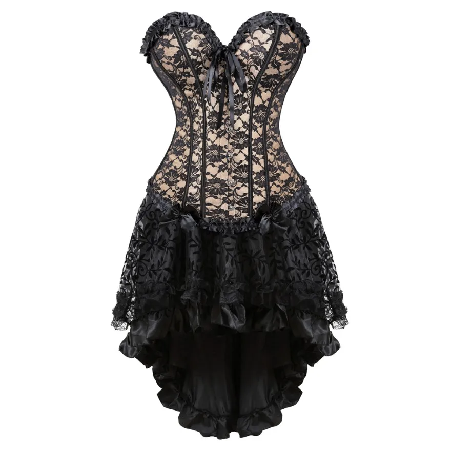 Victorian Lace Trim Corset Dress Sexy Satin Floral Overbust Corset Top Gothic Asymmetrical Skirt Plus Size Bustier Lingerie