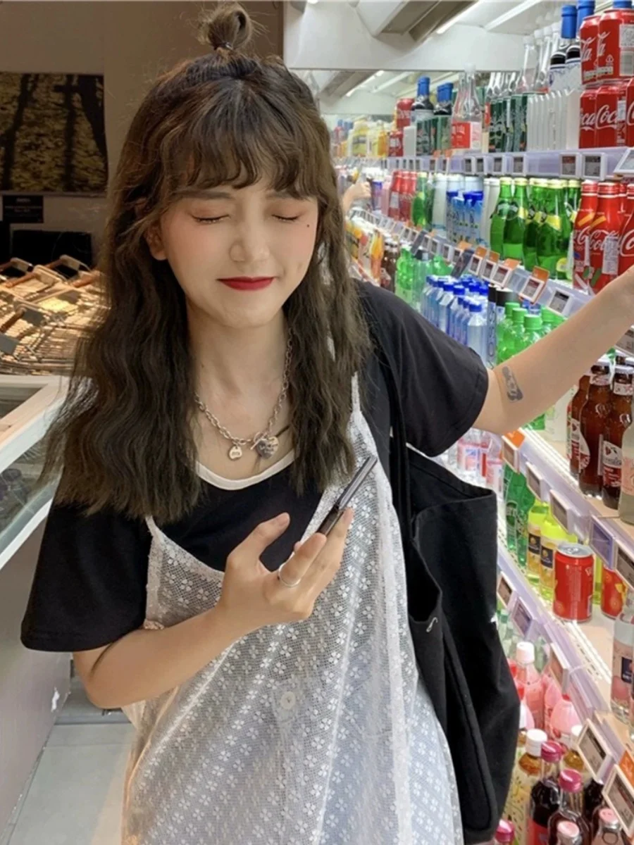 Vestido midi com decote ombro a ombro e detalhes em renda, csola básica em camadas, saia, estilo casual para o dia a dia, ...