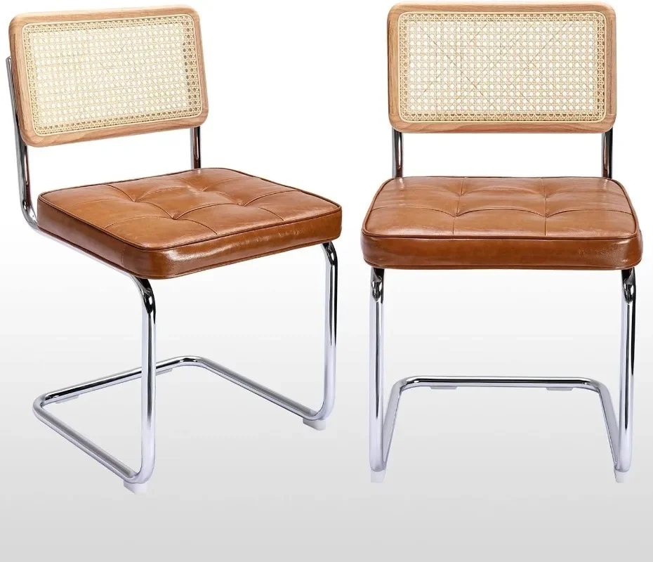 Zesthouse Natural Rattan Dining Chairs Set Mid Century Modern Dining Room Chairs with Chrome Leg Faux Leather Kitchen Chair