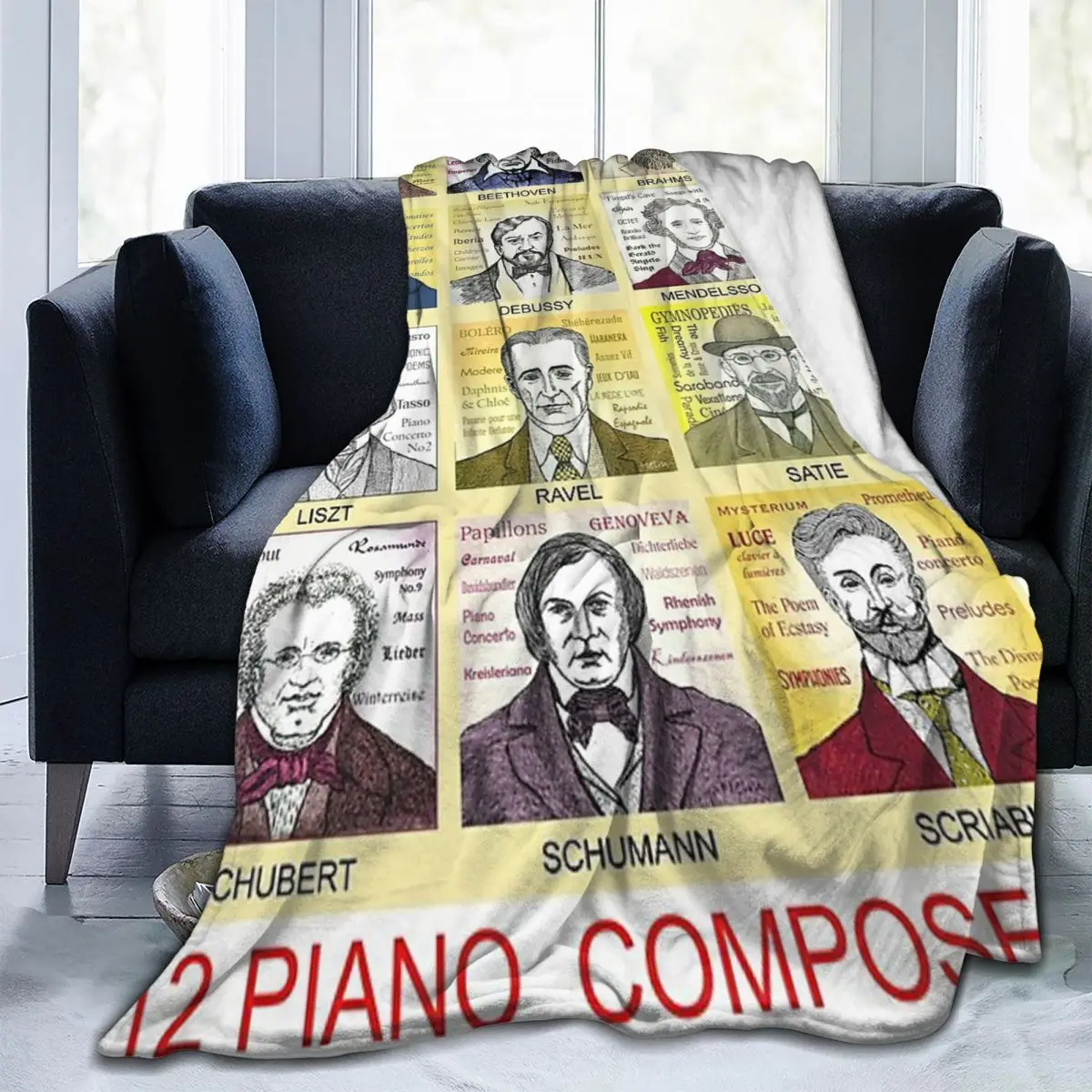 Throw Blanket 12 Piano Composer Portraits Micro Fleece Blanket Four Sizes Trendy Portable Suitable For Sofa AntiPilling Blanket