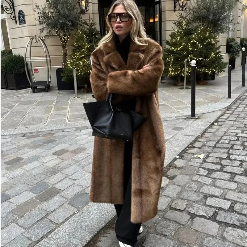 Fashion Lapel Thick Brown Mixed Fur Jacket Women Chic Long Sleeve Fluffy Plush Warm Maxi Coat Winter Lady Highstreet Outwear