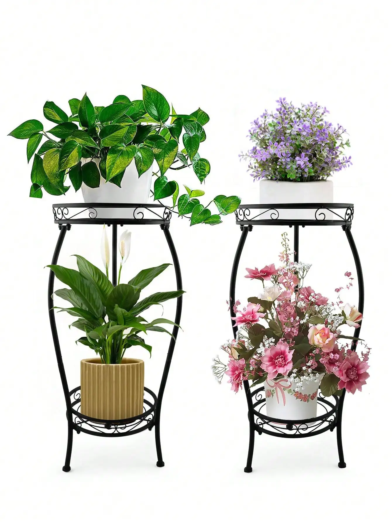 1 Pack Plant Stand Indoor Outdoor, 2-Tier Tall Black Metal Rustproof Stable Plant Stand, Multiple Plant Sturdy Rack Holder, Flow
