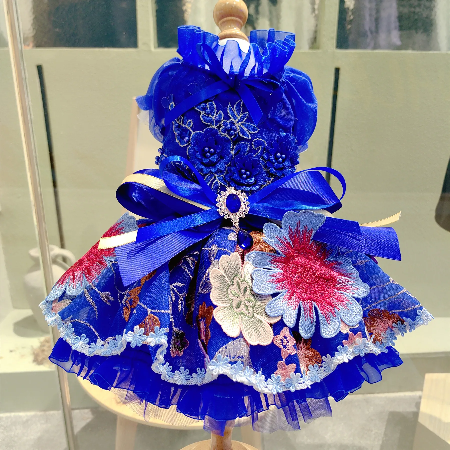 High-end Fashion Blue Pet Dog Clothes Fine Handmade Sunflower Embroidery Lace Bow Princess Dress For Small Medium Dogs Chihuahua