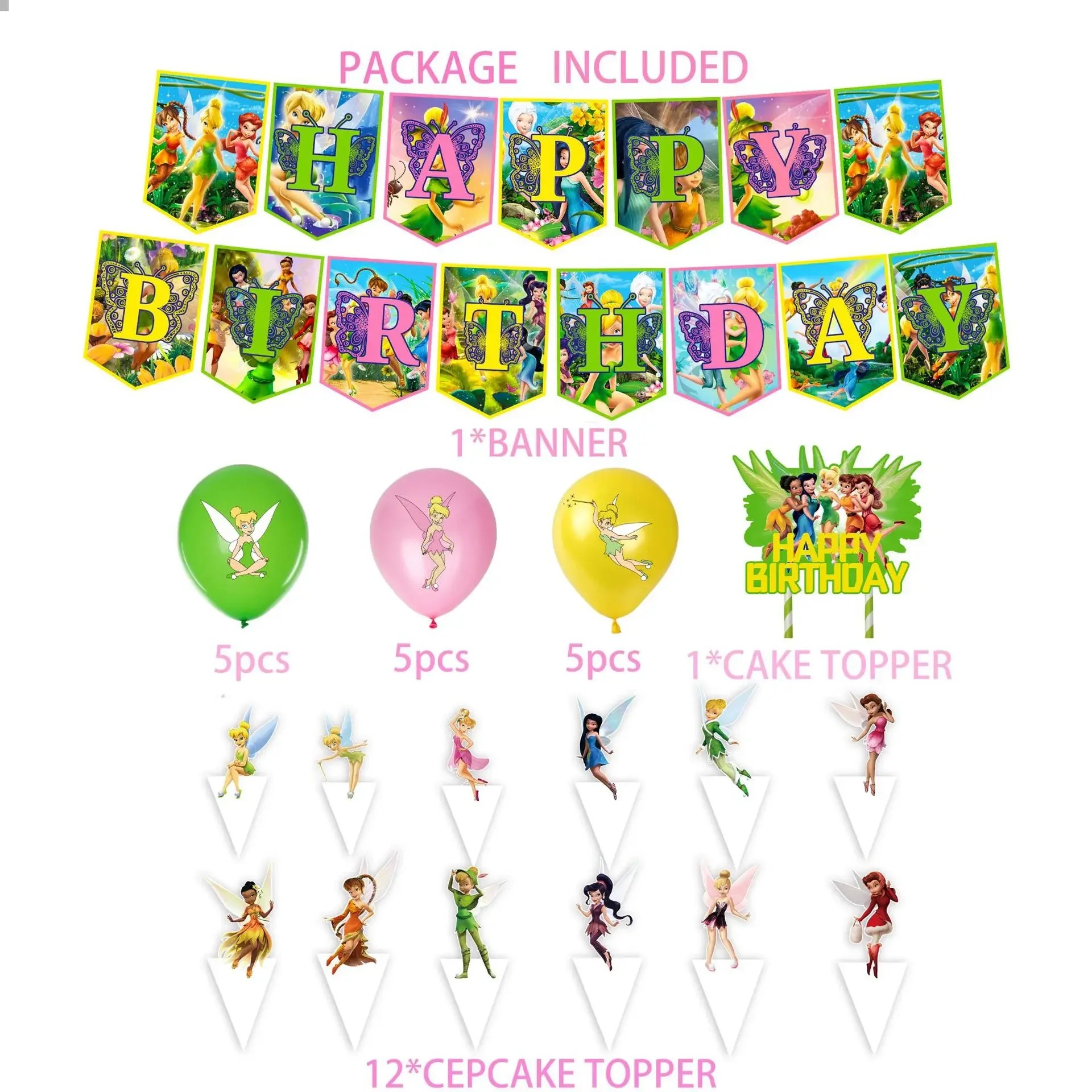 Cartoon Little Fairy Tinker Bell Princess Theme Birthday Party Supplies Balloons Baby Shower Custom Background For Girl Gifts