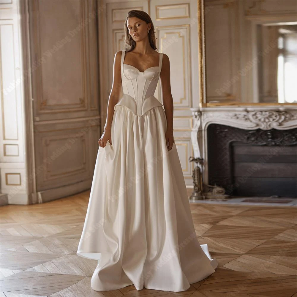 Delicate Satin Finish Women Wedding Dresses Elegant Sleeveless Bridal Gowns Latest Launch Mopping Length Lady Vestidos De Novias