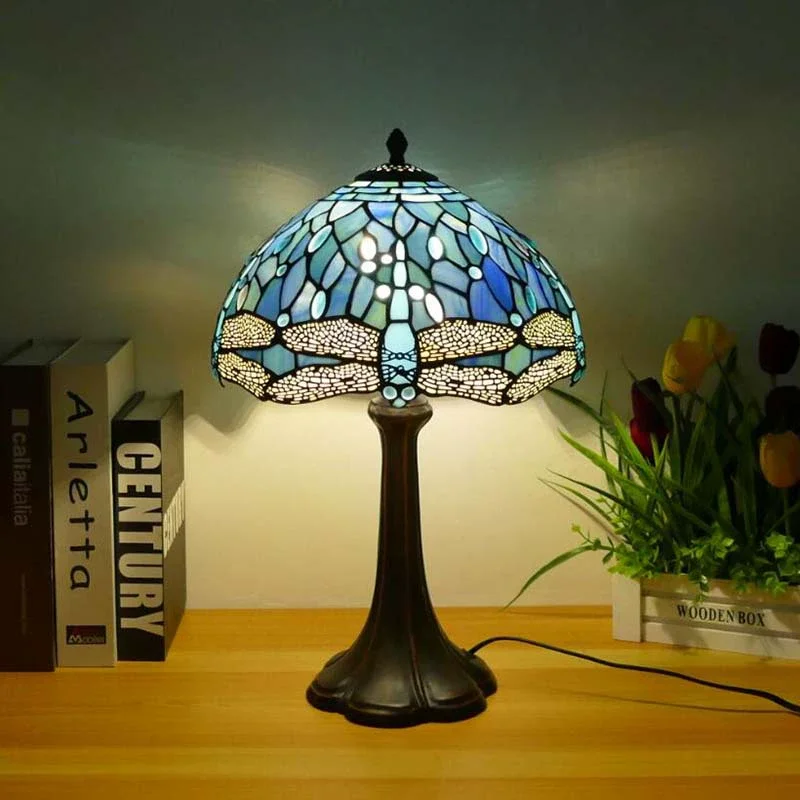 12inch Tiffany Table Lamp Multi-Color Flowers Style Stained Glass Bedside Reading Desk Light for Bedroom Home Office Decor