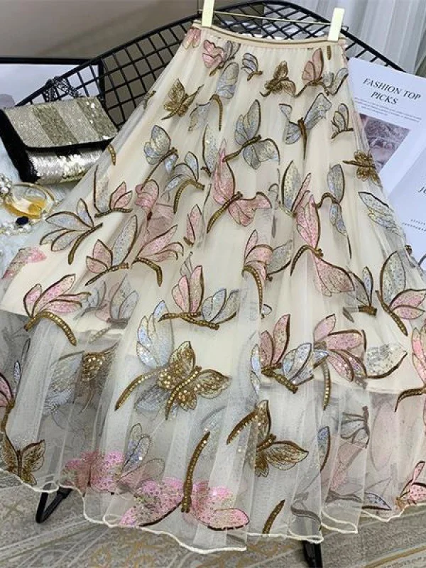 

Длинная юбка с пайетками и вышивкой, струящаяся, с высокой талией, для женщин, для офиса и повседневной носки, в стиле феи, для поздней осени/зимы